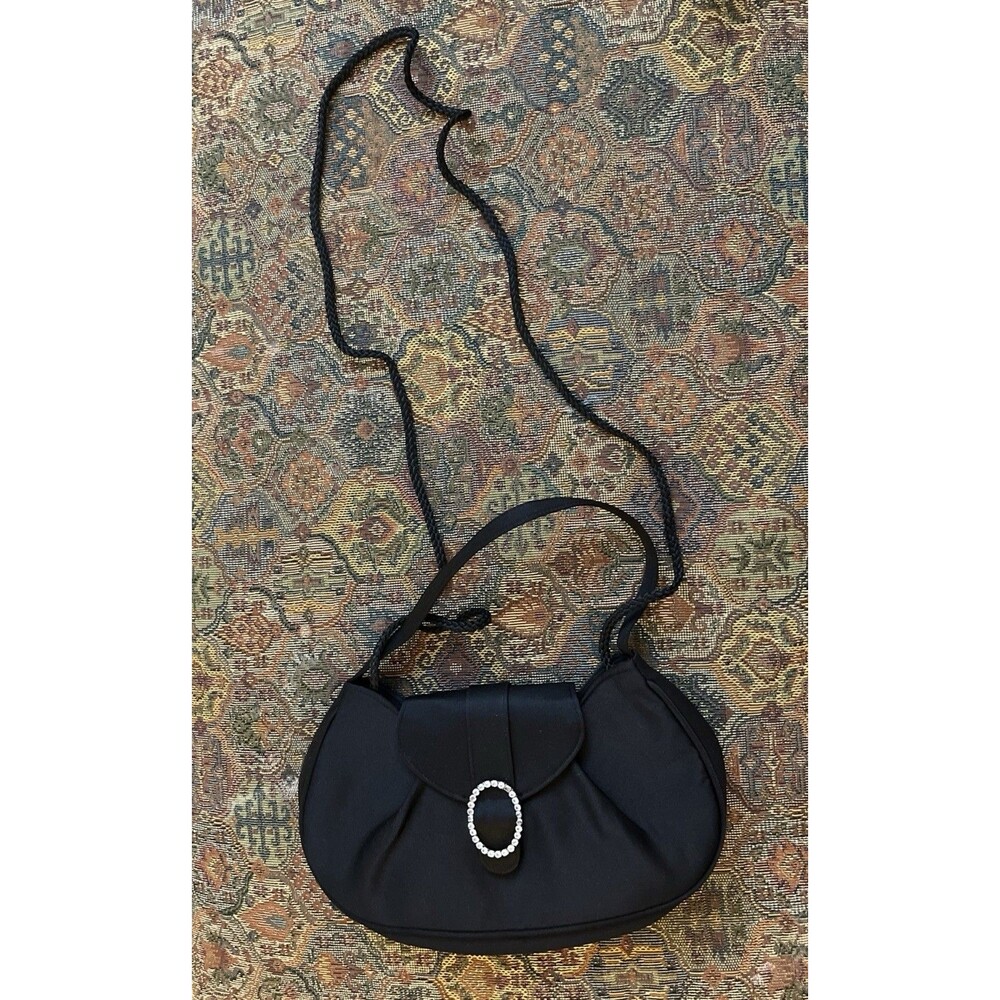 Black Satin Evening Bag Handbag with Rhinestone Accent Elegant Purse
